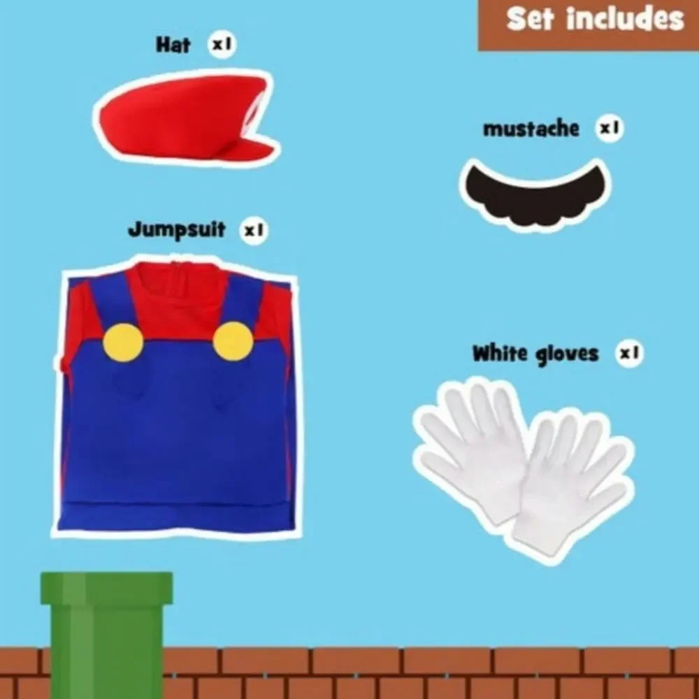 Super Mario Kids Costume Sz S 3/4 Years Bodysuit Gloves Mustache Hat Halloween